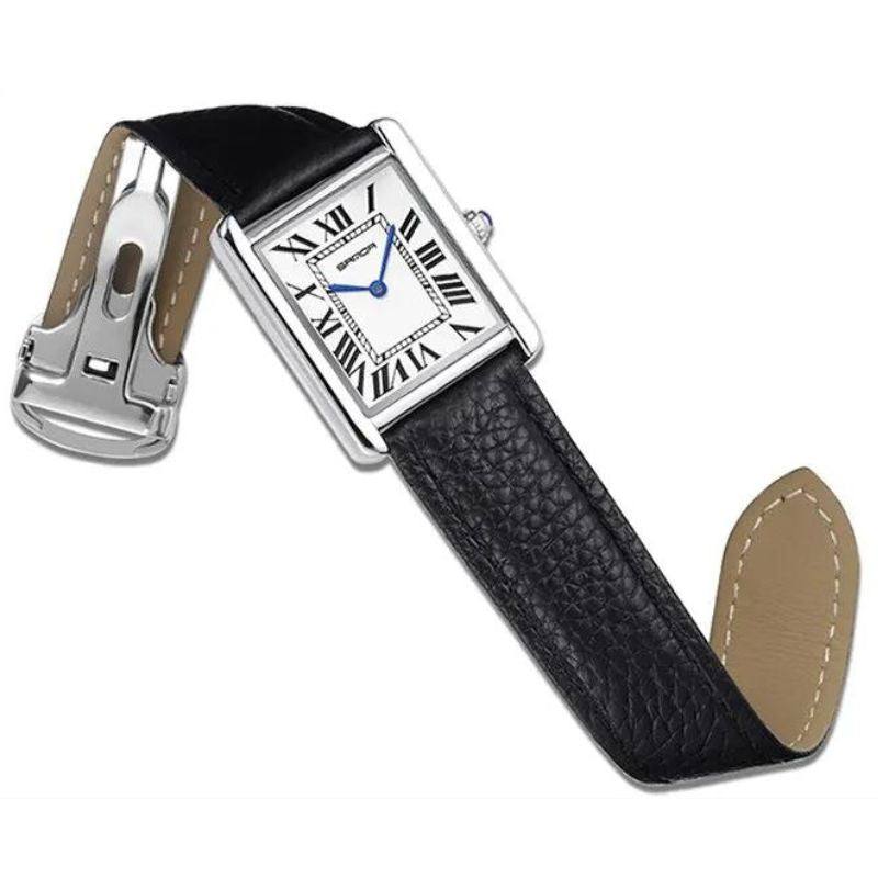 Solstice Square Stainless Steel Watch Featuring a Black Leather Band