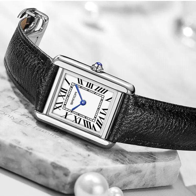 Solstice Square Stainless Steel Watch Featuring a Black Leather Band