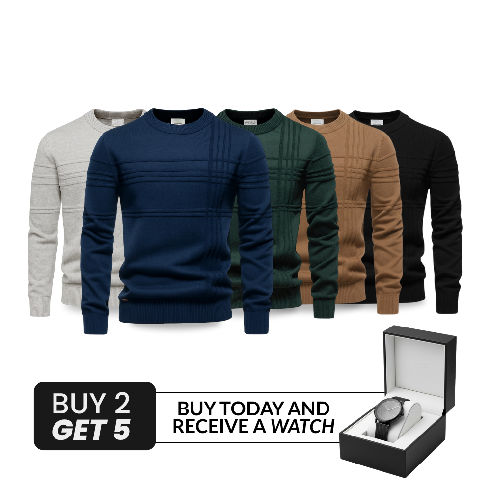 5-Pack Textured Crew Neck Knit Sweaters [BUY 2, GET 5] + FREE WATCH Included!