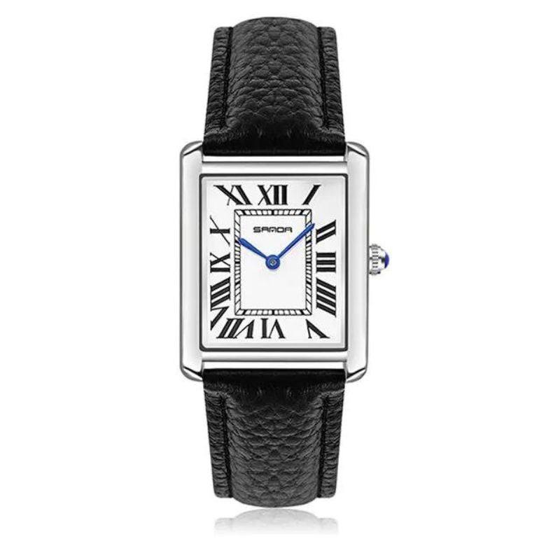 Solstice Square Stainless Steel Watch Featuring a Black Leather Band